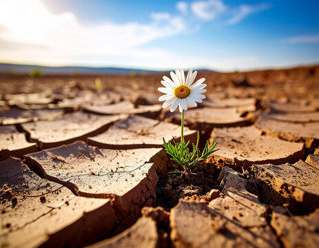 Margarita blanca brotando entre la tierra seca y agrietada concepto de vida, resistencia y belleza natural en un entorno &aacute;rido de sequ&iacute;a y falta de agua