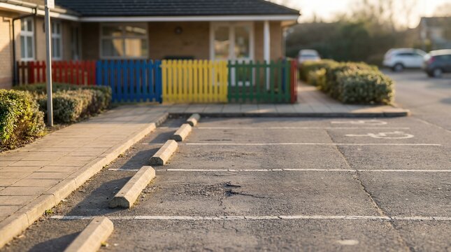 Empty parking lot with colorful fence in the background, showcasing a well-maintained outdoor space, ideal for urban planning and community development concepts with copy space