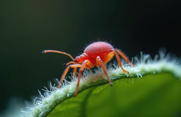 Fototapeta premium Red fuzzy insect crawls on green leaf with white hairs. Tiny creature on plant stem, extreme macro photography. Small bug in natural habitat, wild nature close-up.