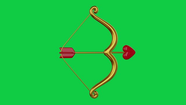 animated cupid bow on green screen. 3d gold cupid bow with heart shaped arrow looped rotation