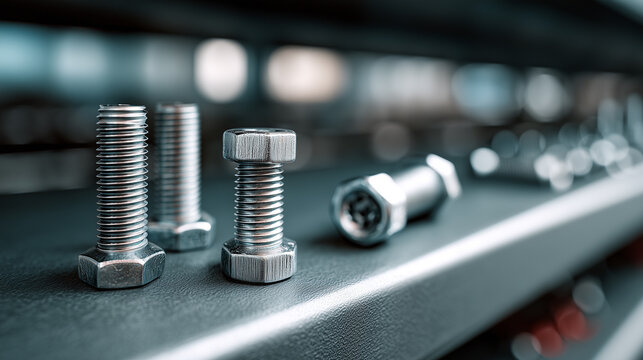 Steel bolts and hex screws on industrial shelf, hardware fastener close up