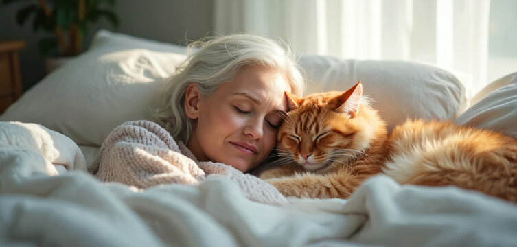 Elderly woman and ginger cat sleep together in cozy bed. Sunlight streams through window. Peaceful domestic scene of woman resting with fluffy pet companion, conveying comfort and quiet.