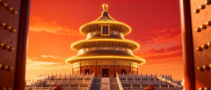 Traditional Chinese Multi-Tiered Temple Glowing With Golden Light At Sunset Viewed Through Ornate Wooden Gates Framing The Scenic Entrance