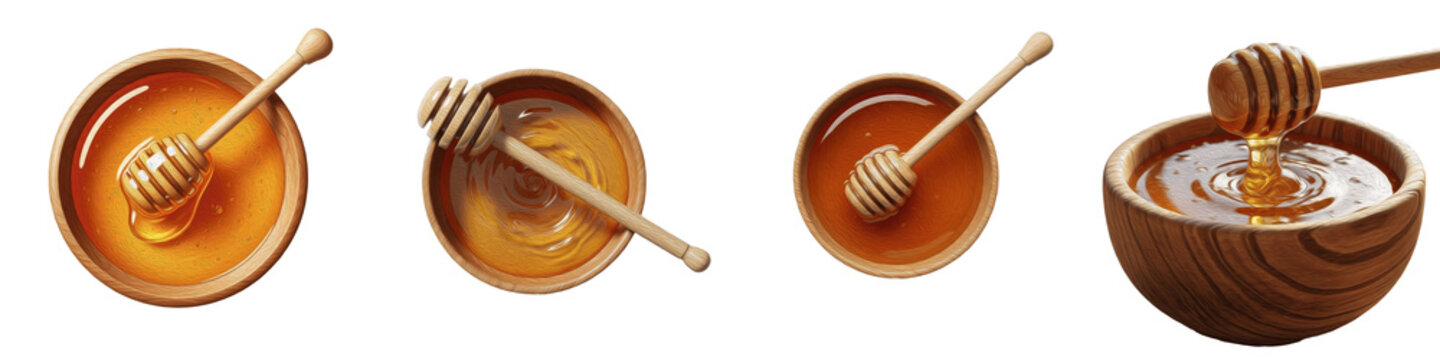 Set of organic liquid honey in wooden bowls with honey dippers, top view and side view collection isolated on white background