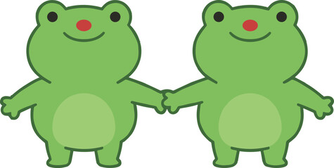 Obraz premium Cute vector illustration of two green cartoon frogs holding hands and smiling with red noses isolated on white background for friendship or love concepts (25 words)