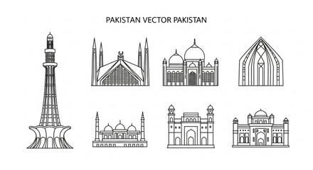 Fototapeta premium Pakistan landmarks vector icons set black and white illustration