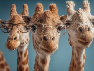 Naklejka premium Three giraffes are positioned in a row against a solid blue background.