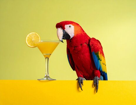 Colorful parrot sits next to a glass of yellow drink with a lemon slice on a yellow and green background