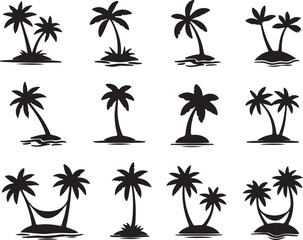 Fototapeta premium A collection of various tropical island palm tree silhouettes with some featuring hammocks for relaxation