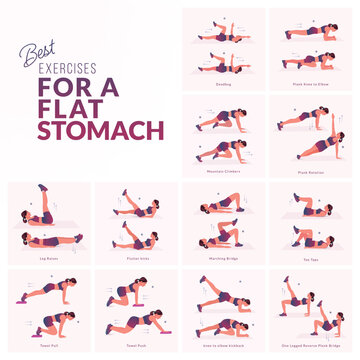 Women Workout Set. Women doing fitness and yoga exercises. Mountain Climbers, Flutter kicks, Plank To Toe Lift, Plank Rotation, Leg Raises, knee to elbow kickback, In and Out, Lean back hold etc
