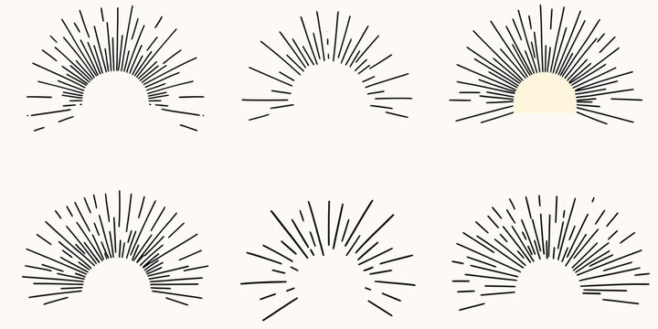 Set of six minimalist hand drawn half sunburst illustrations with varying black rays and subtle beige semicircle shapes vector collection for design