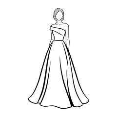 Elegant Off-the-Shoulder Evening Gown Fashion Illustration Line Art