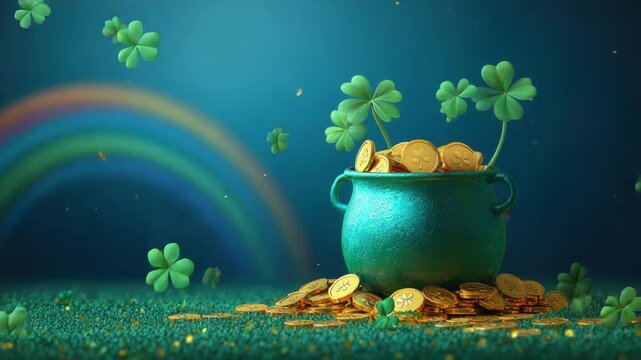 Traditional festive banner for St. Patrick's Day. Full Cauldron with gold coins, clover leaves, rainbow. Flyer or Poster Template. Copy space. Mock up.