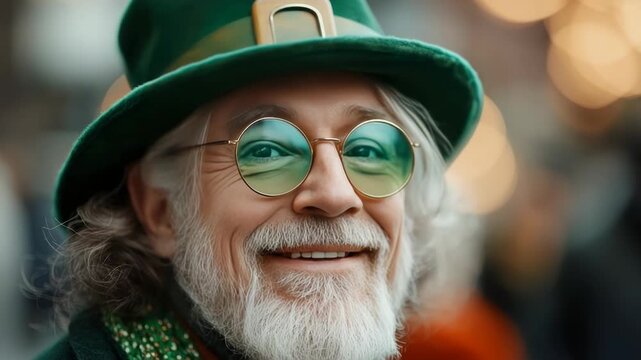 Happy Senior man wearing leprechaun costume on the background of the parade on St. Patrick's Day.
