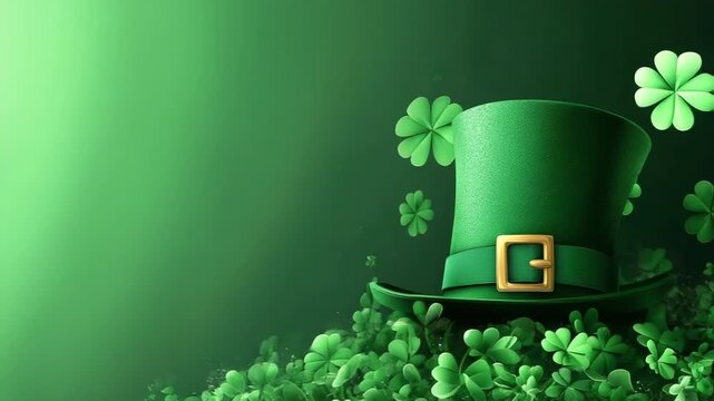 Happy Saint Patrick`s day. Banner with clover leaves, leprechaun hat on green background. Flyer or Poster Template. Copy space. Mock up.