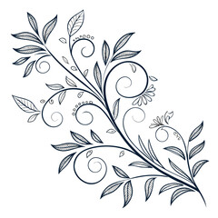 Obraz premium Intricate black and white illustration of a leafy branch with circular motifs.