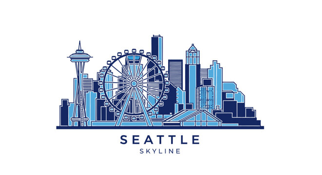 Seattle Skyline Cityscape with Space Needle and Ferris Wheel Vector Illustration on Isolated White Background