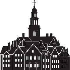 Obraz premium Black and white of a european town with a church steeple also transparent background