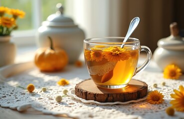 Glass cup with herbal tea infused with calendula flowers sits on wooden coaster. Yellow blossoms float in amber liquid. Small pumpkin, decorative jars blurred in background, evoking autumn comfort.