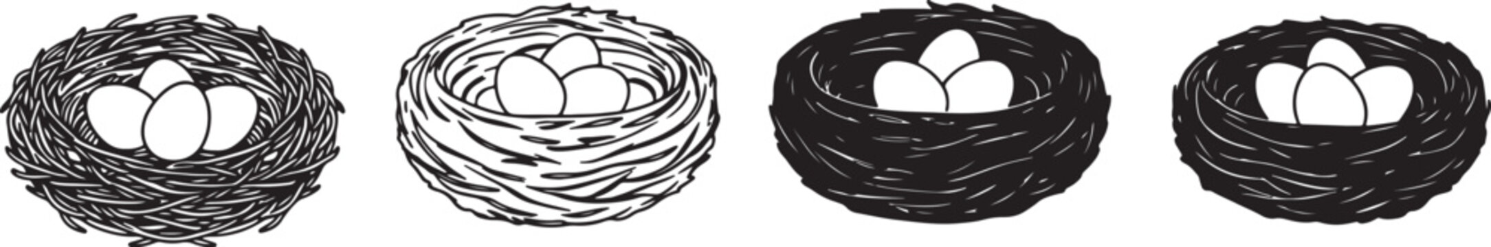 Four bird nests with eggs in different line styles also transparent background line black and white nesting