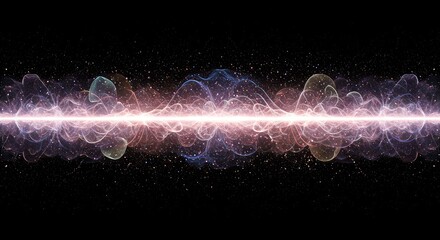 Ethereal abstract background illustrating complex quantum wave particles and glowing energy fields with vast blank space for design overlay ,template ,digital ,display