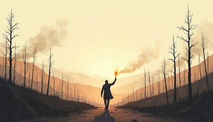 Fototapeta premium Man walks through burned forest holding bright flare. Smoke rises in hazy sky above barren hills. Lonely traveler searches way in desolate landscape after disaster.