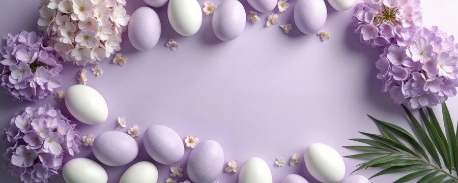 White and purple Easter eggs sit with flowers on a pastel purple background. This festive scene uses soft pastel colors and floral elements for a spring holiday feel.