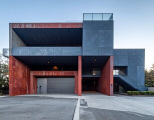 Obraz premium Modern building with bold design sits in an open area during twilight hours near city streets and greenery
