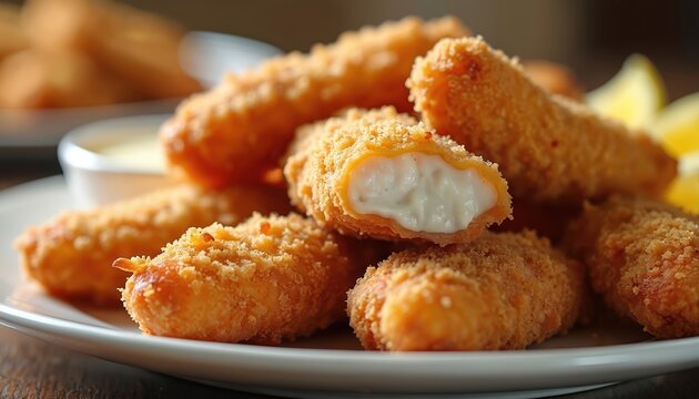 Crispy golden chicken tenders served on white plate with dipping sauce. One tender shows creamy white filling inside. Lemon slices garnish meal.