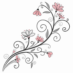 Elegant floral design with pink flowers and swirling black lines on white background