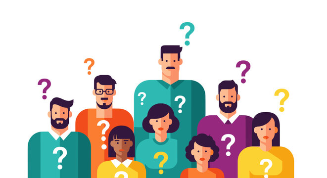 Group of diverse parents with question marks for community concerns and school feedback concept
