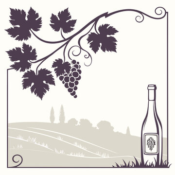 A serene vineyard landscape with a bottle of wine and grapevines
