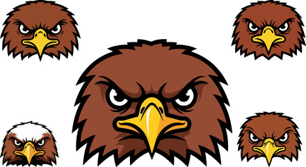 Obraz premium Collection of aggressive brown eagle head mascots displaying fierce determination and sharp predatory eyes perfect for sports logos or brand identity.