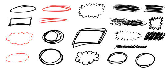 Crayon drawn text box collection. Rectangle and round shapes with pencil sketch texture.