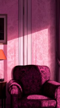 Cozy Anime Style Interior at Sunset, Pink Aesthetic Room with Armchair, Lamp and Flowers, Lo-fi Animation Background for Music and Relaxation