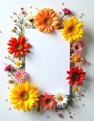Obraz premium Bright flowers frame a blank white card. This vertical top down view is perfect for invitations greeting cards or announcements. Add your own text to this floral stationery setup.