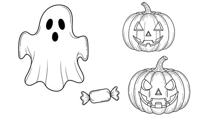 Fototapeta premium Spooky Halloween Vector Collection Outline Illustrations of a Friendly Ghost, Carved Jack-o'-Lanterns, and Sweet Candy for Autumn Holiday Designs