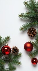 Festive winter holiday composition featuring natural pine cones, red baubles, and spruce branches isolated on a clean white background ,seasonal ,bauble ,background