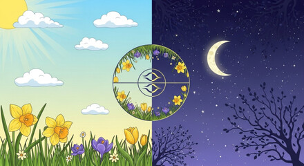 Day and night cycle with flowers and moon phases