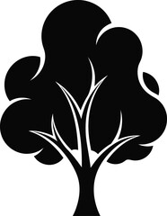 Black silhouette tree with rounded leaves and thin branches white