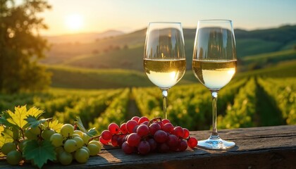 Naklejka premium Two glasses of white wine sit on a wooden table in a vineyard at sunset. Bunches of red and green grapes are nearby, with rows of grapevines stretching into the distance.
