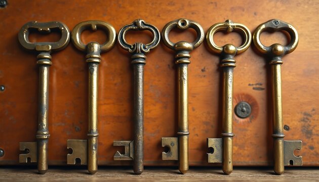 Six antique brass keys rest on weathered wood. Ornate metal objects suggest access secrets or old treasures. These vintage items evoke history and mystery.