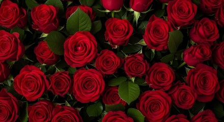 A dense bed of vibrant red roses and green foliage, captured from an overhead perspective.