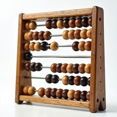 Old wooden abacus with mixed color beads on white background. This antique calculating tool represents math, counting, and finance history. It is perfect for education, business, and nostalgic themes.