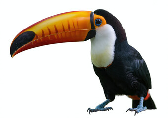 Fototapeta premium Exotic Toco Toucan Bird with Large Orange Beak Isolated on White Background for Tropical Wildlife Education and Nature Conservation Branding