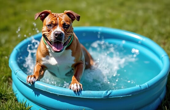 American Bully dog enjoys splashing in a blue kiddie pool on a sunny day. The happy canine cools off in the water, playing during summer heat. This wet dog has fun.