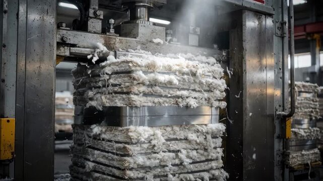Medium shot of bale press compression chamber with hydraulic press actively squeezing lint steel bands blurred in background showing industrial efficiency.