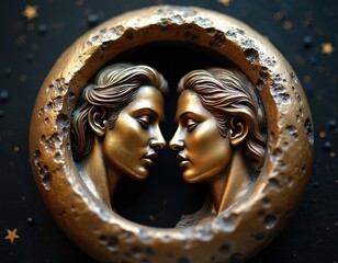 Fototapeta premium Golden twin faces gaze at each other framed by textured moon crescent against dark starry sky. Symbolizes Gemini zodiac sign and celestial connection with lunar energy.