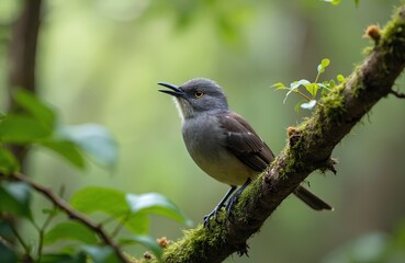 Fototapeta premium Small gray bird with yellow eyes sits on mossy tree branch. Creature sings softly with beak open. Green leaves and blurred forest create natural background. Wild fauna details.