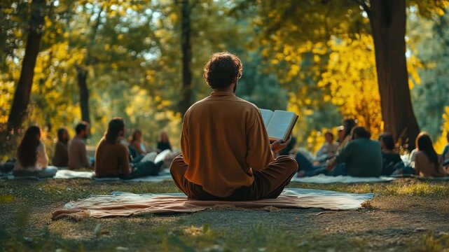 Spiritual guru reading a book to a group of people sitting on the grass during a meditation retreat in a peaceful sunny park, promoting mindfulness and well being
